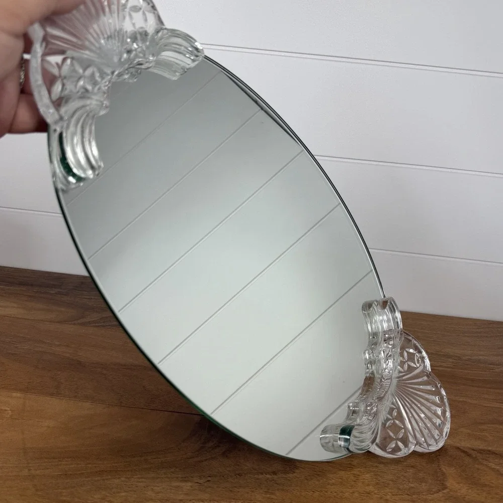 Hollywood Regency Style Oval Vanity Mirror Tray Engraved Lucite Handles